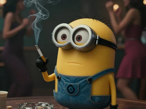 Minion Smoking a Cigarette in a Dimly Lit Bar
