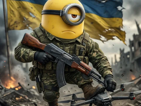 Minion Soldier in Combat Gear with Ukrainian Flag
