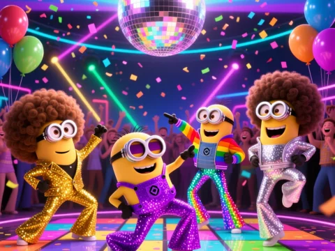 Minions Disco Dance Party with Colorful Outfits and Disco Ball