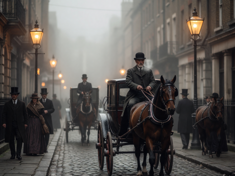 Misty 1890s London Street with Horse-Drawn Carriages