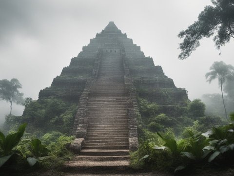 Misty Ancient Pyramid in Lush Jungle