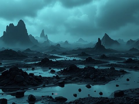 Misty Carbon-Covered Rocky Landscape at Dusk