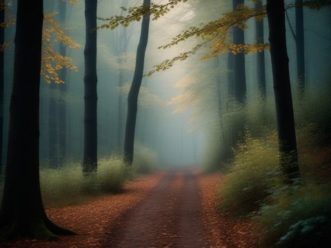 Misty Forest Path in Autumn
