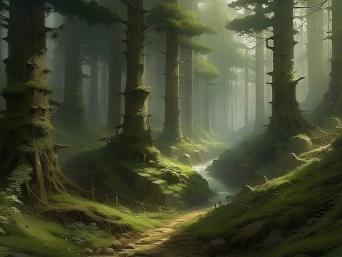 Misty Forest Path with Stream in a Sparse Woodland