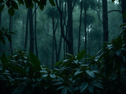 Misty Forest Scene with Lush Greenery