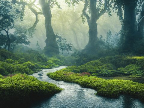 Misty Forest Stream with Lush Greenery