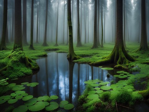 Misty Forest with Moss-Covered Trees and Reflective Pond