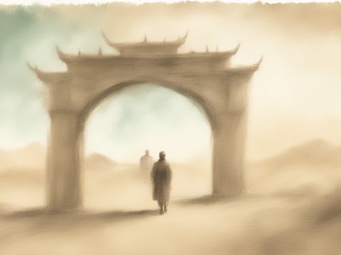 Misty Gateway with Silhouetted Figures in Soft Painting