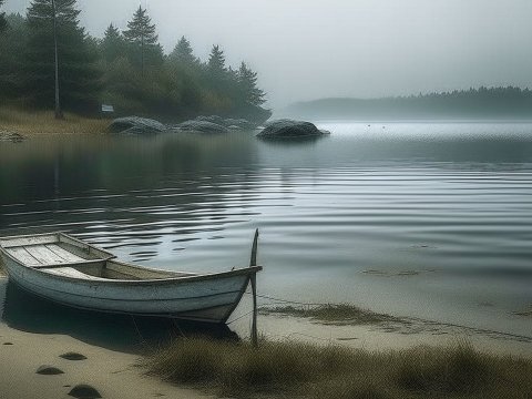 Misty Lake with a Small Boat at Shore