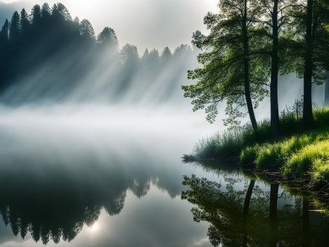 Misty Morning Light Over Serene Lake