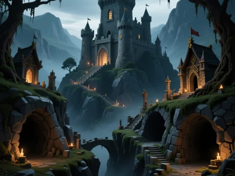 Misty Mountain Castle with Stone Bridges and Lanterns