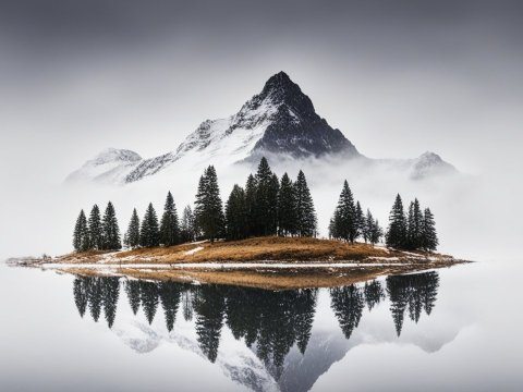 Misty Mountain Island Reflection in Calm Lake