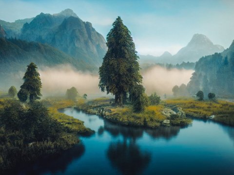 Misty Mountain Lake with Towering Trees