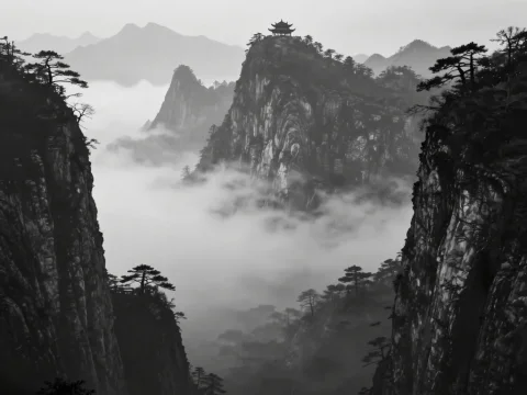 Misty Mountain Landscape with Traditional Pavilion