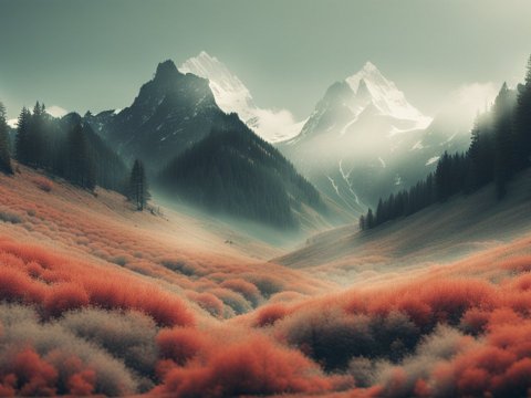 Misty Mountain Valley with Vibrant Red Foliage
