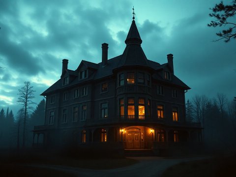 Misty Night at a Mysterious Victorian Mansion
