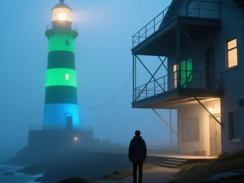 Misty Night by the Illuminated Lighthouse
