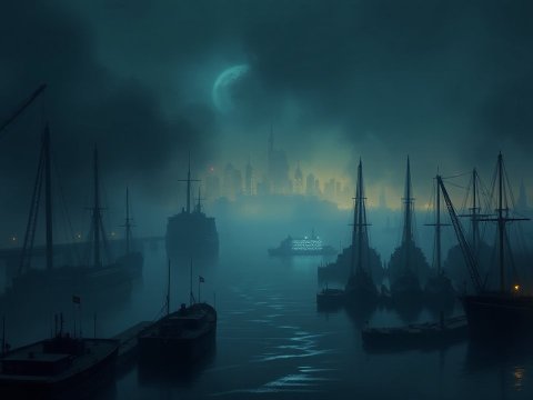 Misty Night Harbor with Distant City Skyline