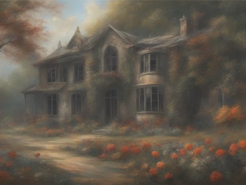 Misty Old Mansion Surrounded by Autumn Flowers