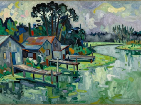 Misty Port Town by the River