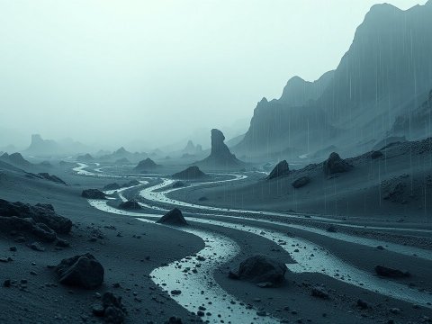 Misty Rainy Landscape with Winding River and Rocky Terrain