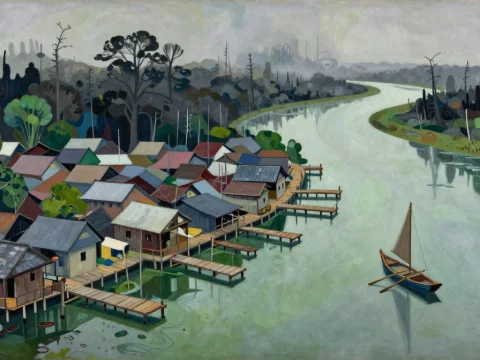 Misty Riverside Village with Boat