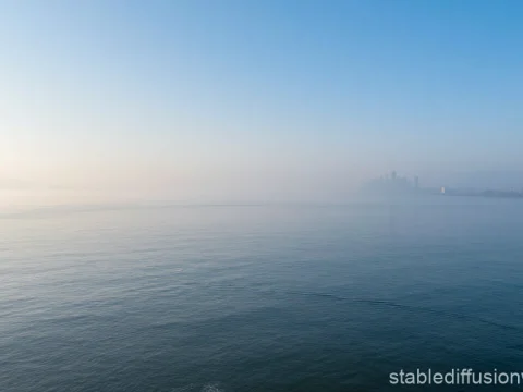Misty Sea with Distant City Skyline at Dawn