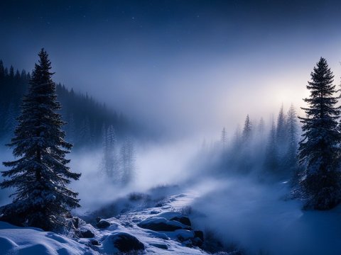Misty Snowy Forest Under a Starry Night Sky