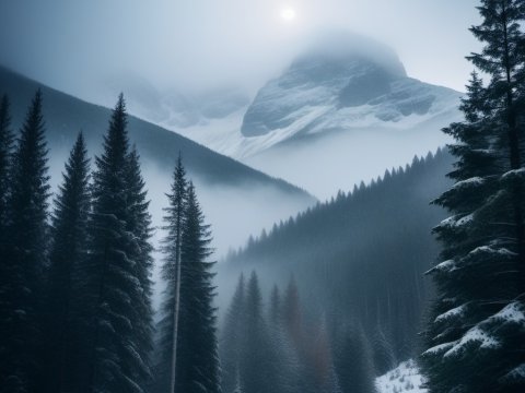 Misty Snowy Mountain Landscape at Dawn