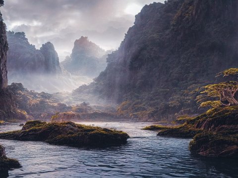 Misty Valley at Sunset with River and Trees