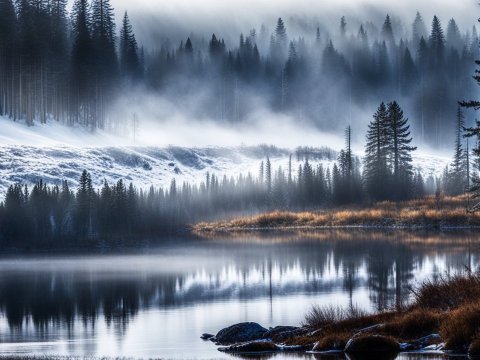 Misty Winter Forest by a Calm Lake