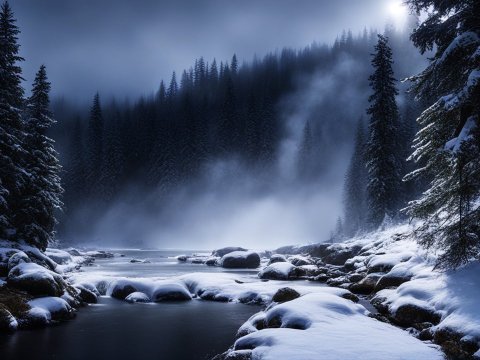 Misty Winter Forest River at Dawn