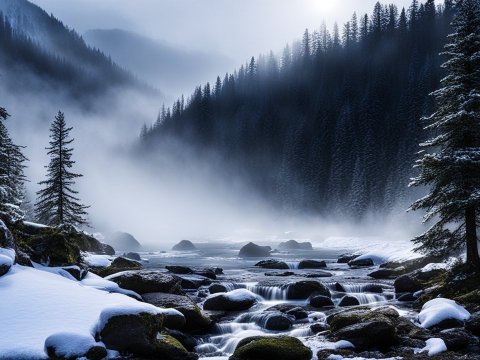 Misty Winter Forest with Snow-Covered Pines and Flowing Stream