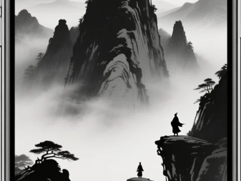 Misty Xianxia Peaks with Silhouetted Figures