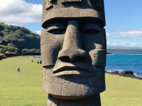 Moai Statue on Coastal Grassland Under Blue Sky