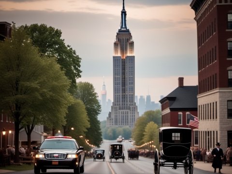 Modern and Vintage Cars on a City Street with Empire State Building