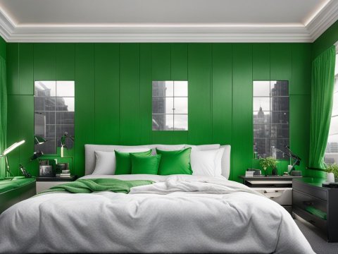 Modern Bedroom with Bold Green Accent Walls and City View