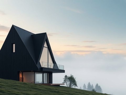 Modern Black A-Frame House on Misty Hillside