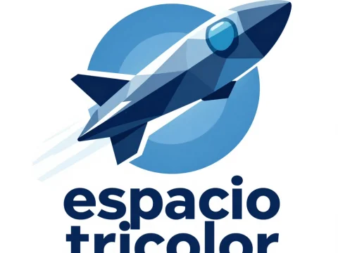 Modern Blue Spaceship Logo with 'espacio tricolor' Text