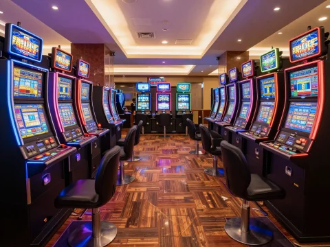 Modern Casino Floor with Rows of Slot Machines