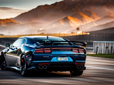 Modern Challenger Lamborghini on a Mountain Road at Sunset