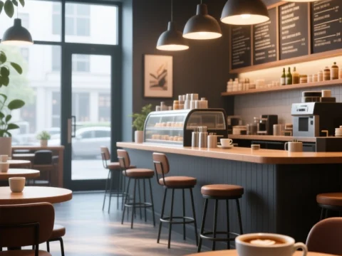 Modern Cozy Cafe Interior with Coffee