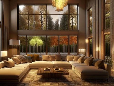 Modern Cozy Living Room with Large Windows and Fireplace