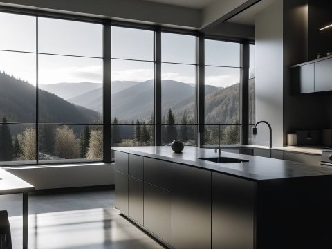 Modern Dark Kitchen with Panoramic Mountain View