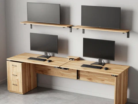 Modern Double Gaming Desk with Dual Monitors and Shelves