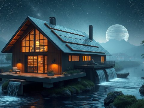 Modern Eco-Friendly House by a River Under a Starry Sky