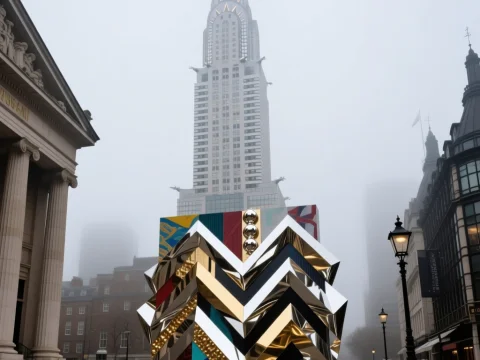 Modern Geometric Sculpture in Foggy Urban Setting