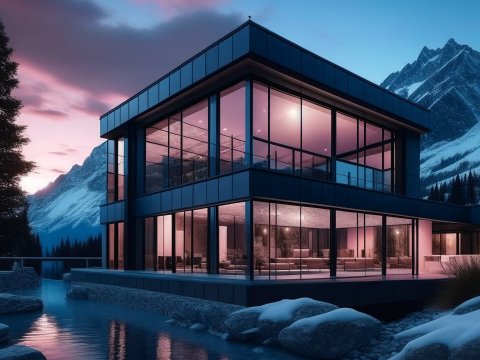 Modern Glass House by Mountain Lake at Twilight