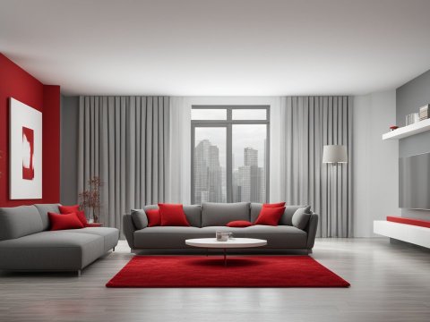 Modern Gray and Red Living Room Interior with City View