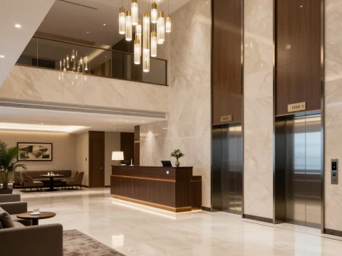 Modern Hotel Lobby with Elegant Elevators and Reception